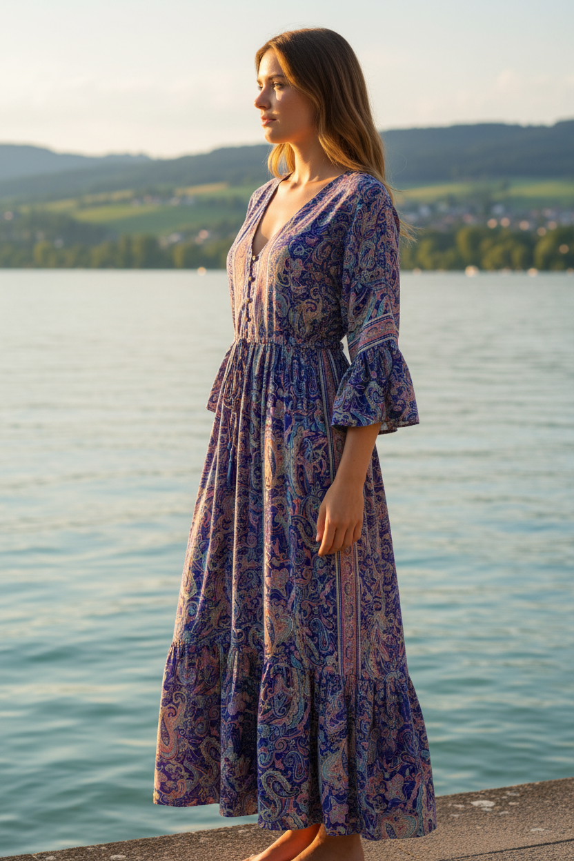 Boho Maxikleid Paisley Ethno Muster Blau/Pink/Beige – Seitenansicht