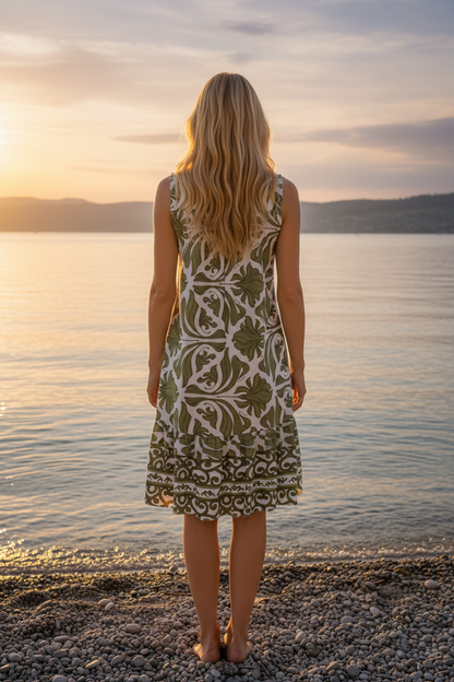 Sommerkleid Olivgrün Boho-Print Rückansicht Bodensee