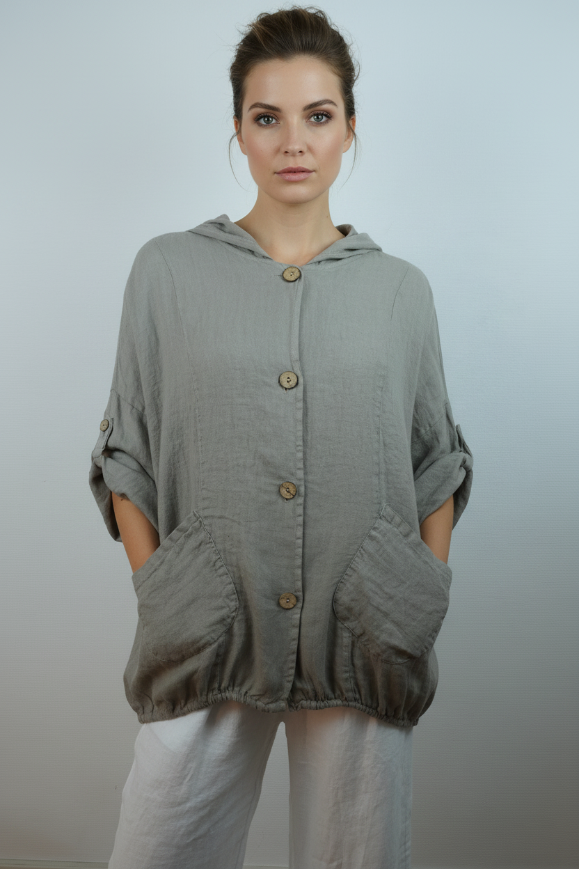 Leinen Hooded Overshirt Grau – Vorderansicht