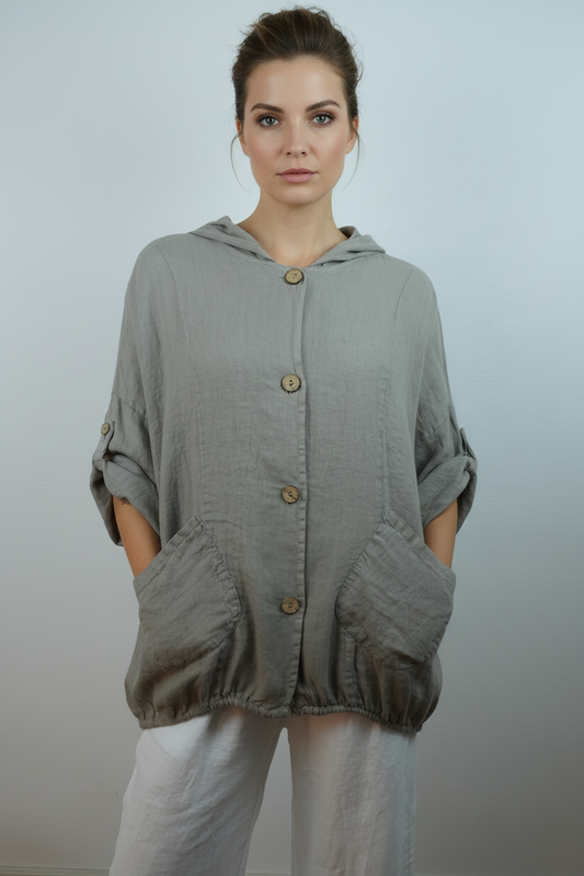 Leinen Hooded Overshirt Grau – Vorderansicht