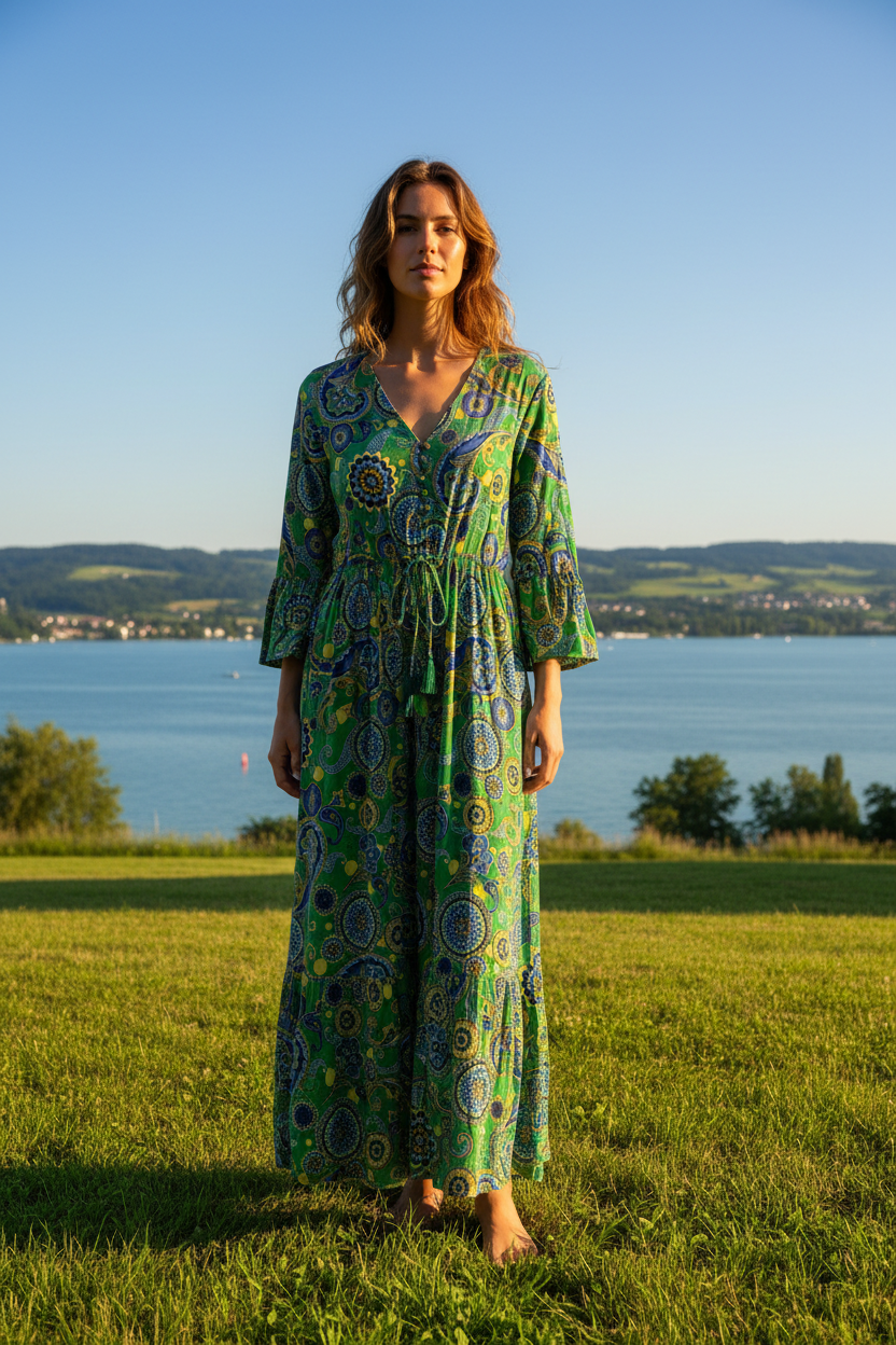 Boho Maxikleid Paisley Mandala Muster Grün/Blau/Gelb – Vorderansicht