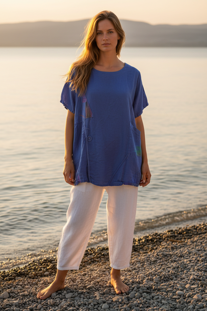Leinen-Shirt Royalblau Patchwork – Vorderansicht Bodensee