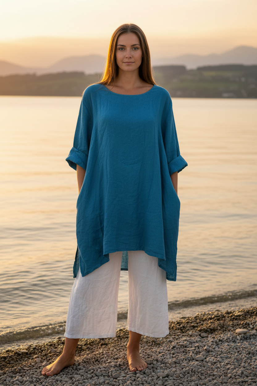 Leinen-Longshirt Türkis – Vorderansicht Bodensee