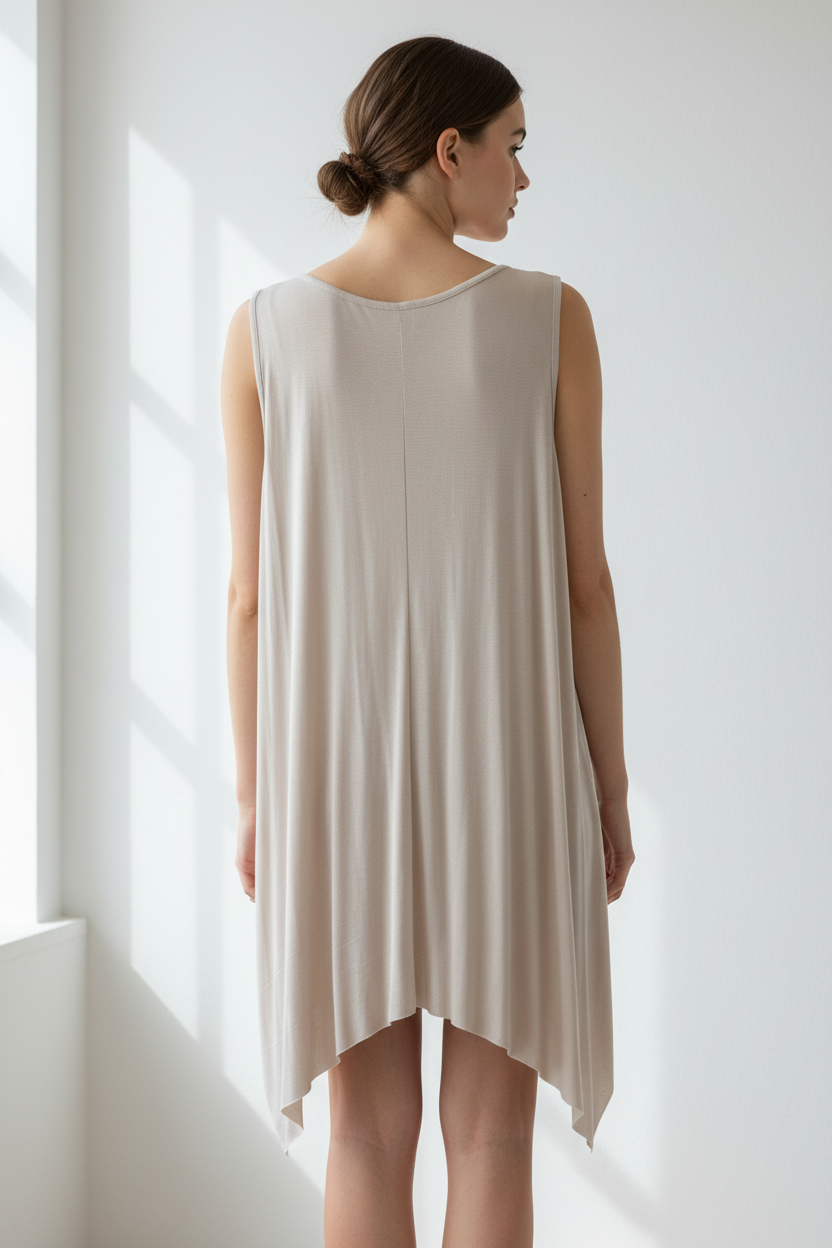 Asymmetrische Tunika Beige – Model Rücken