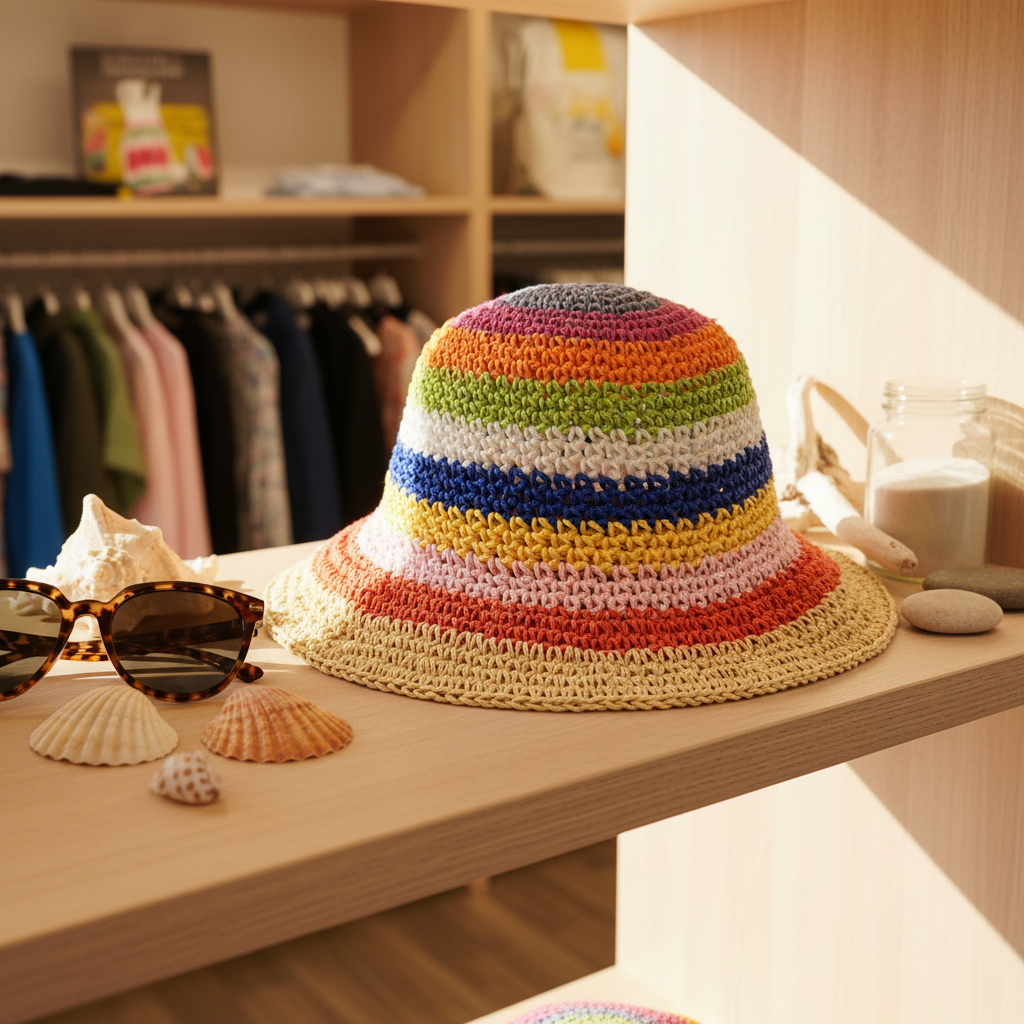 Display Boho Bucket Hat Erdtöne auf Regal