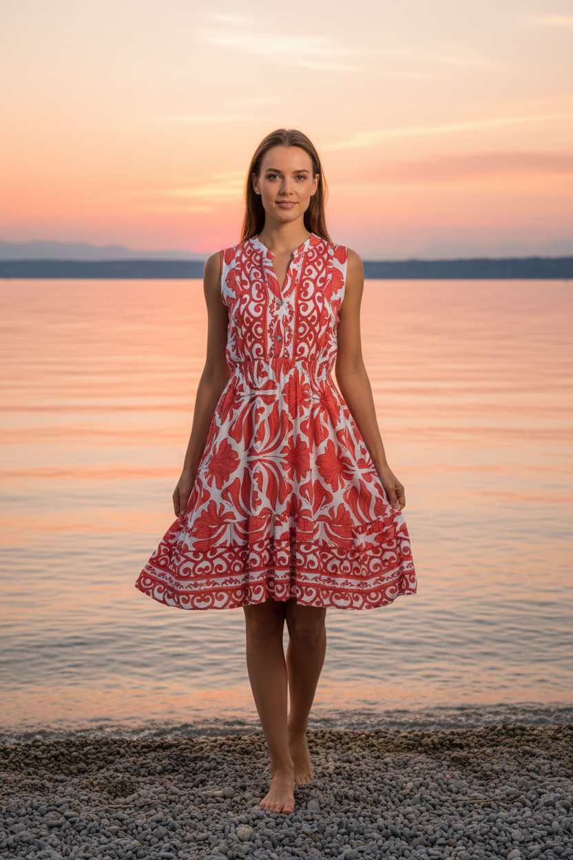 Sommerkleid Rot Boho-Print Vorderansicht 2