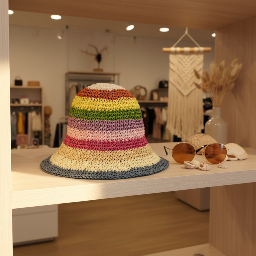 Display Crochet Bucket Hat Pastell Regenbogen