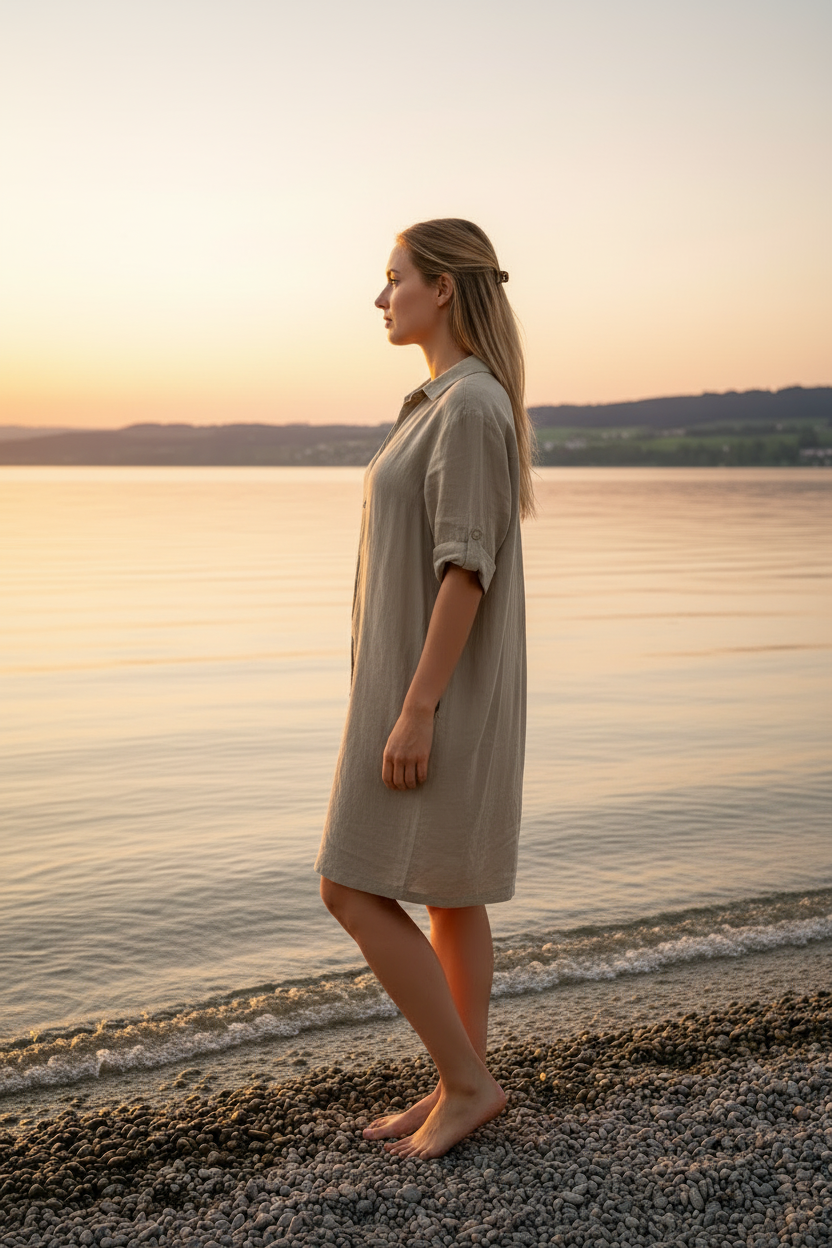Leinenkleid Greige – Seitenansicht Bodensee