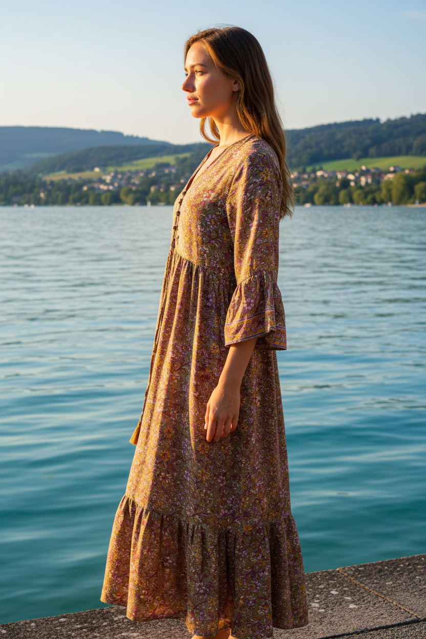 Boho Maxikleid florales Ethno Muster Braun/Lila – Seitenansicht