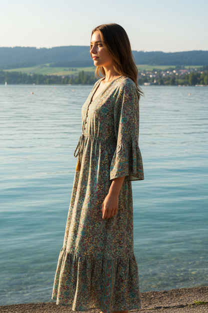 Boho Maxikleid Blumen Paisley Muster Türkis/Rot/Beige – Seitenansicht