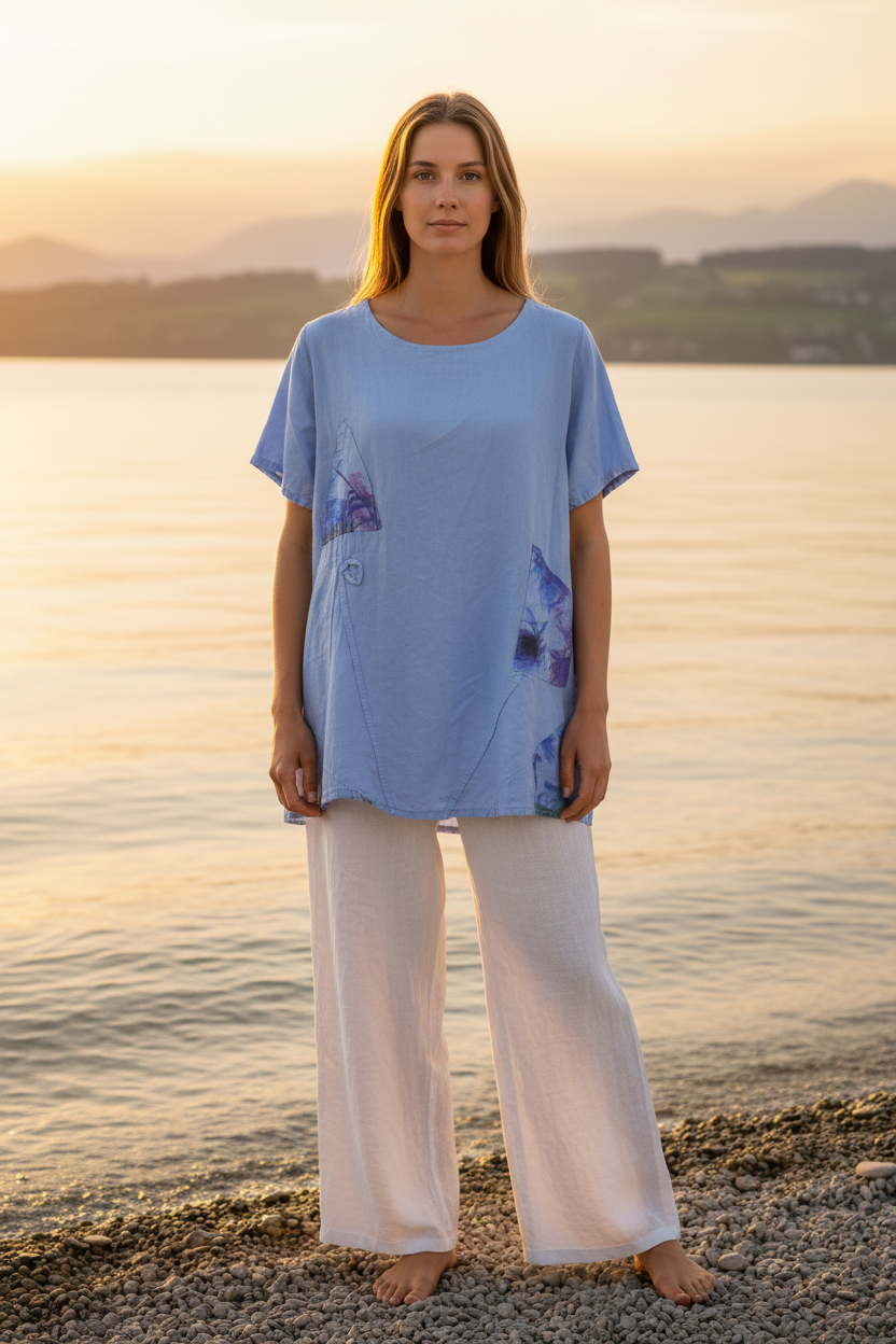 Leinen-Shirt Hellblau Pilzdruck – Vorderansicht Bodensee
