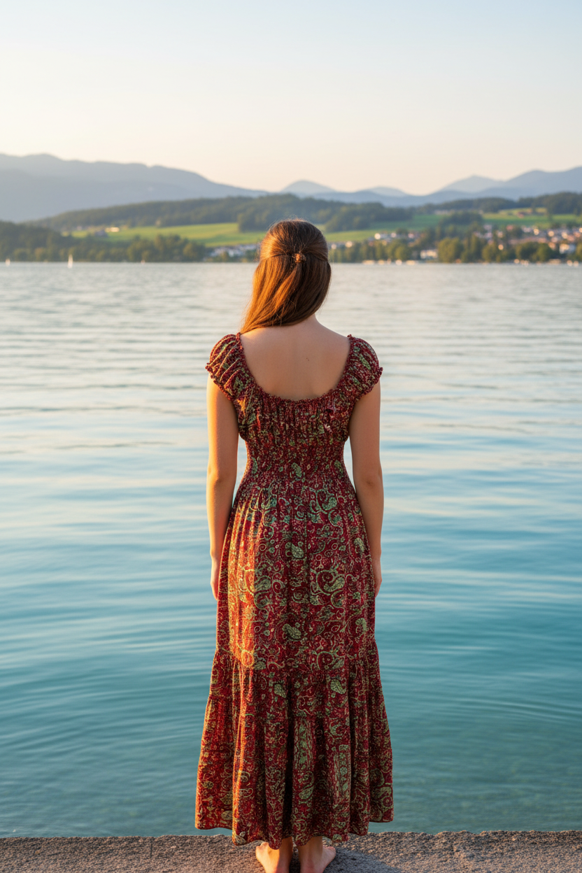 Boho Maxi Kleid Dunkelrot Paisley – KI Modelbild Rückenansicht Bodensee