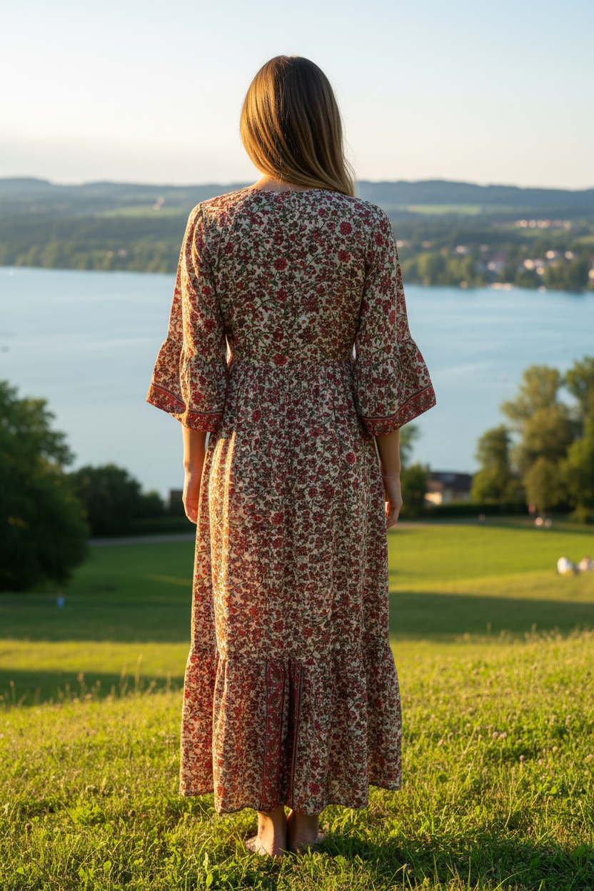 Boho Maxikleid florales Ethno Muster Beige/Rot – Rückenansicht
