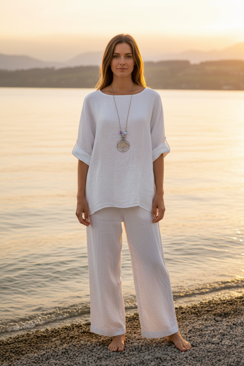 Leinen-Oberteil Weiß mit Boho-Kette – Vorderansicht Bodensee