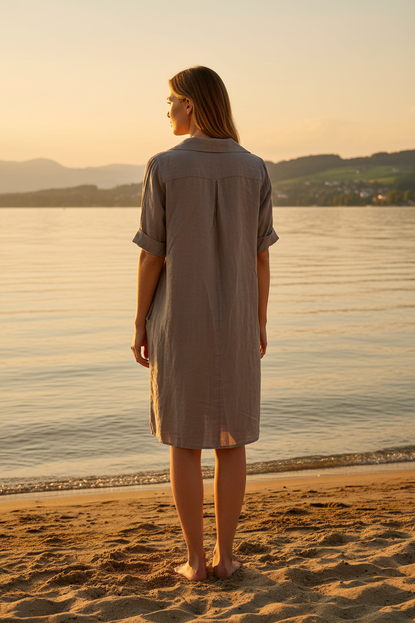 Graues Leinenkleid – Rückenansicht Bodensee