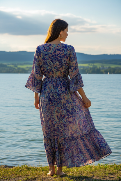 Boho Maxikleid Paisley Ethno Muster Blau/Pink/Beige – Rückenansicht