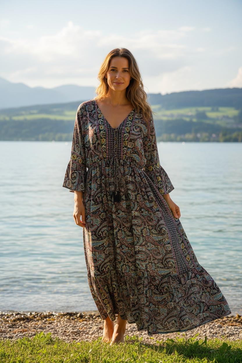 Boho Maxikleid Paisley Muster Blau/Türkis/Altrosa – Vorderansicht