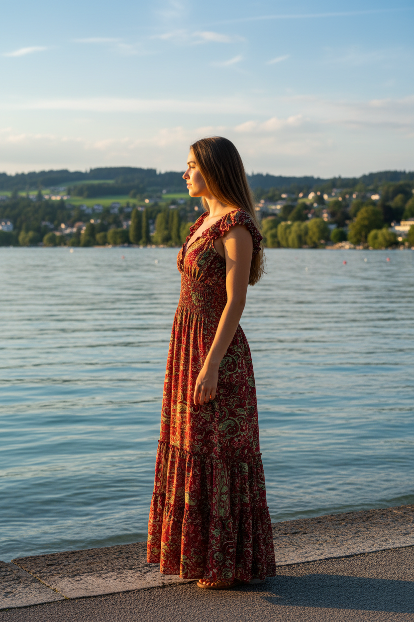 Boho Maxi Kleid Dunkelrot Paisley – KI Modelbild Seitenansicht Bodensee