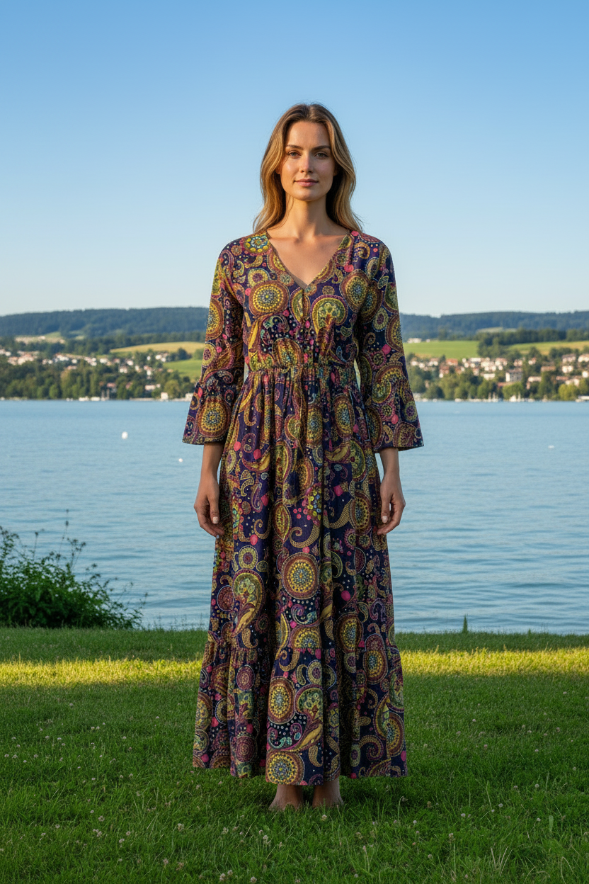 Boho Maxikleid Paisley Mandala Multicolor Dunkelbunt – Vorderansicht