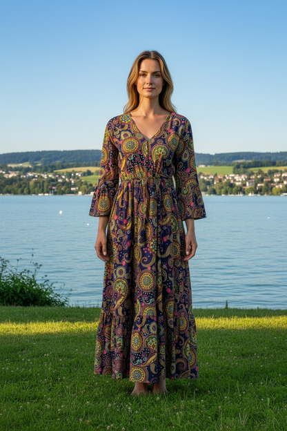 Boho Maxikleid Paisley Mandala Multicolor Dunkelbunt – Vorderansicht