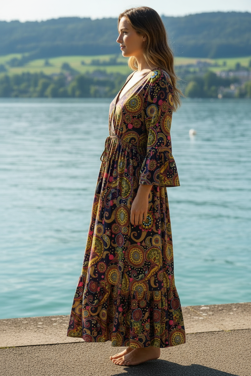 Boho Maxikleid Paisley Mandala Multicolor Dunkelbunt – Seitenansicht