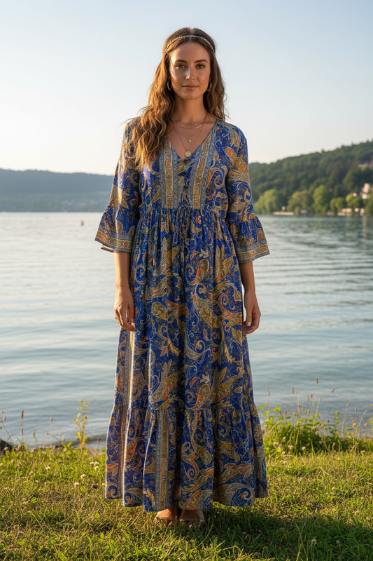 Boho Maxikleid Paisley Ethno Muster Blau/Gold – Vorderansicht