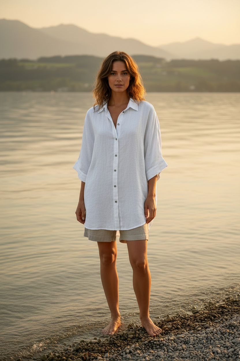 Leinenbluse Weiß – Vorderansicht Bodensee