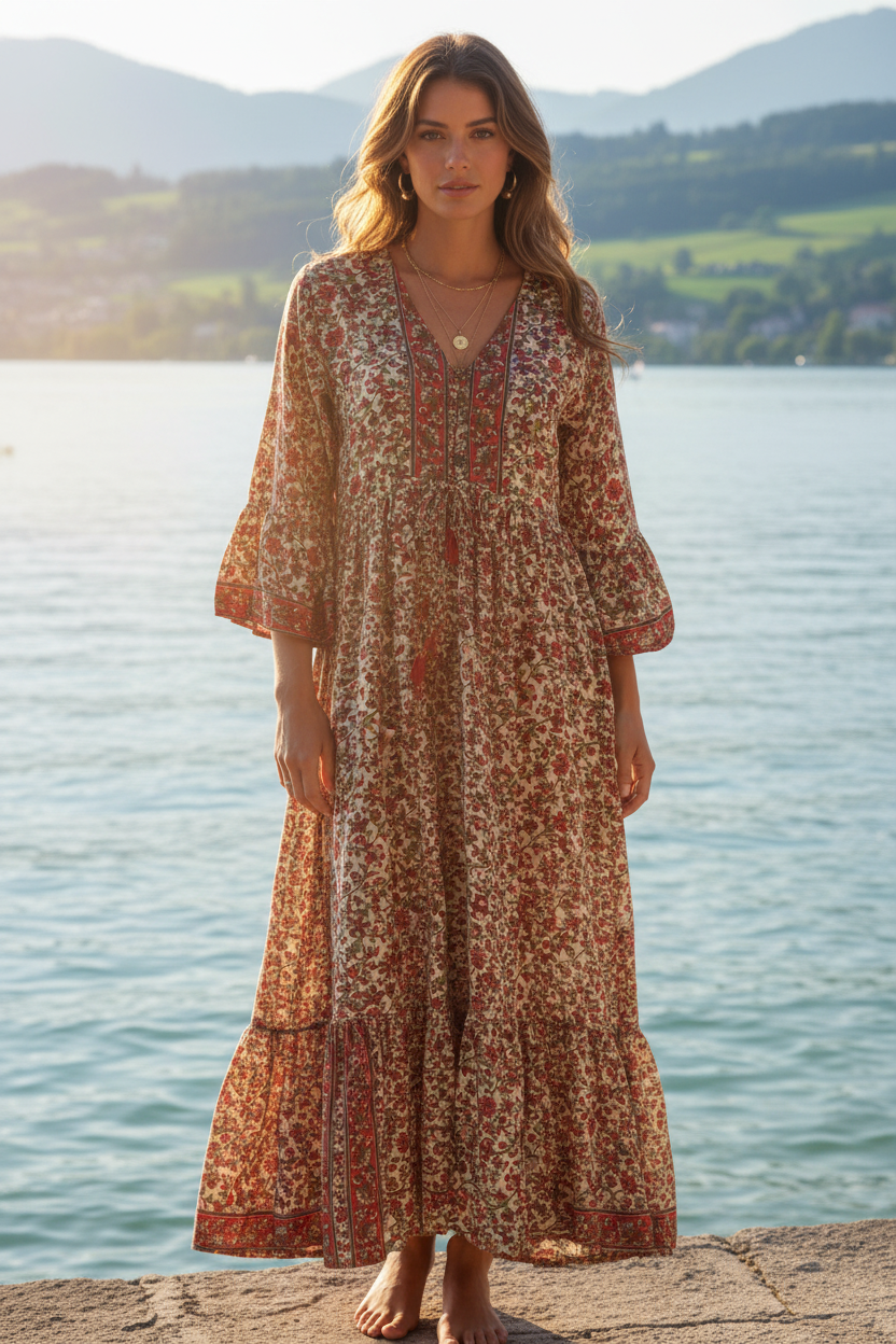 Boho Maxikleid florales Ethno Muster Beige/Rot – Vorderansicht