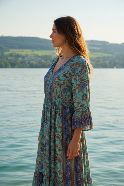 Boho Maxikleid Paisley Muster Türkis/Blau/Orange – Seitenansicht