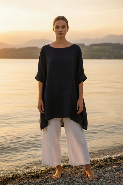 Leinen-Longshirt Schwarz – Vorderansicht Bodensee