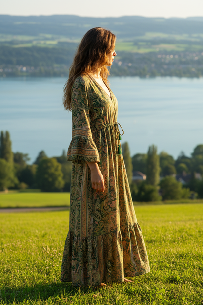 Boho Maxikleid Paisley Ethno Muster Grün/Gold – Seitenansicht