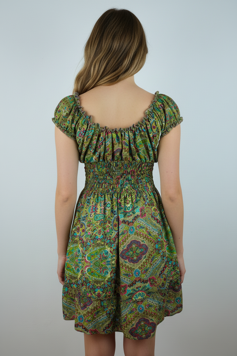 Boho Sommerkleid Paisley Olivgrün – Model Rücken