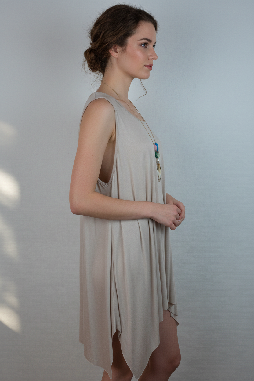 Asymmetrische Tunika Beige – Model Seite