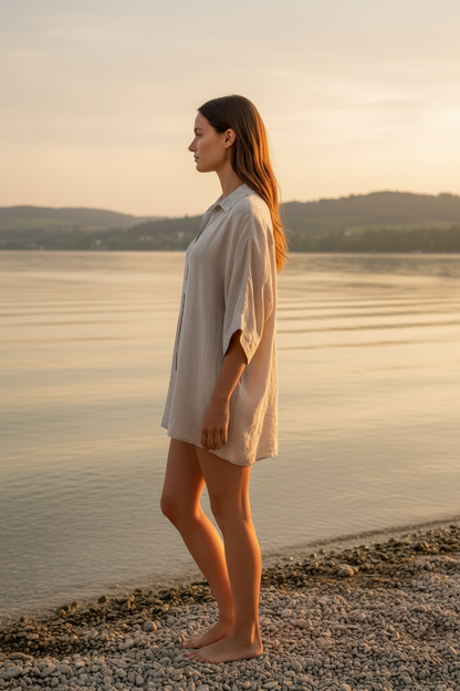 Leinenbluse Beige – Seitenansicht Bodensee