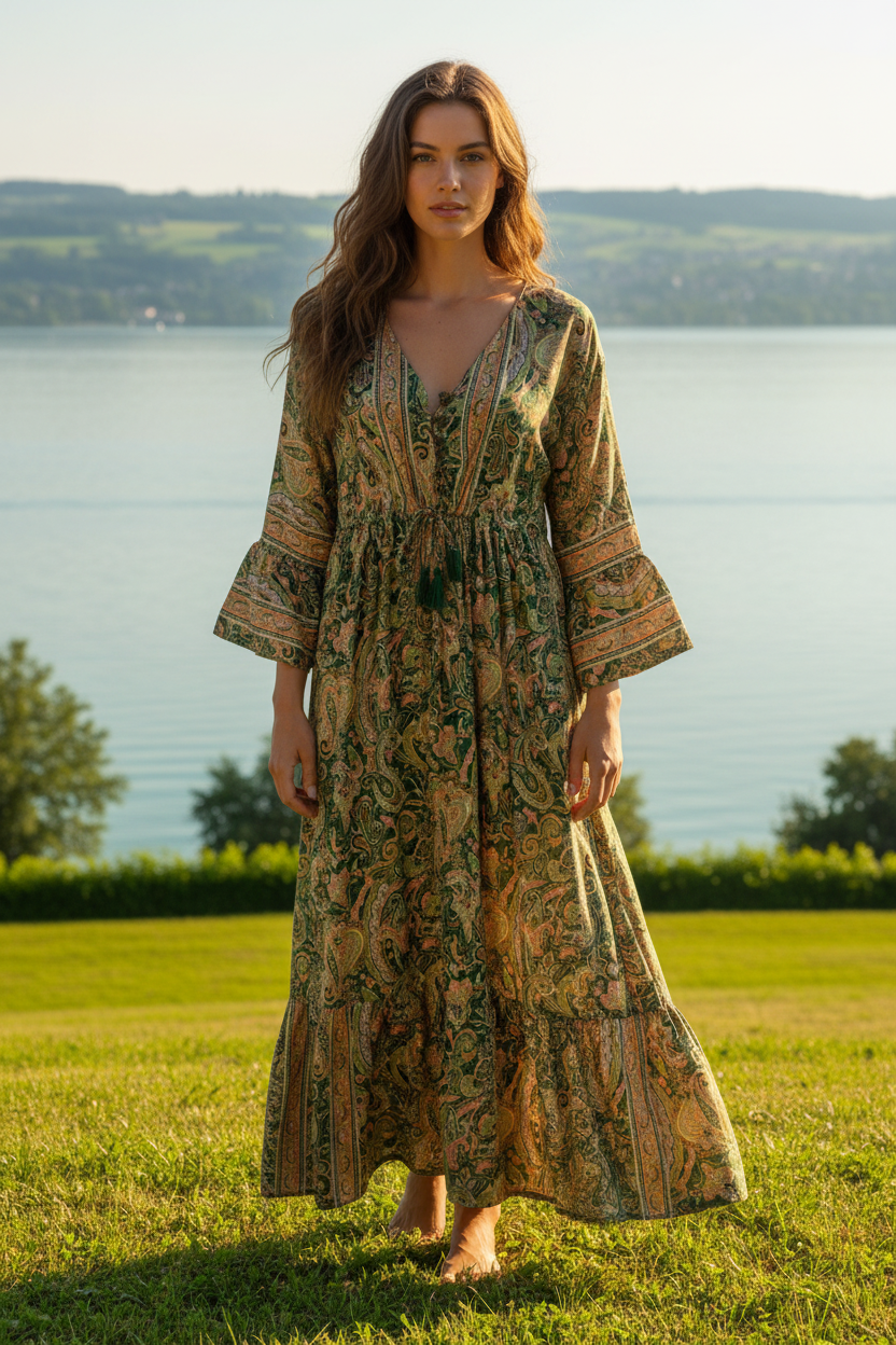 Boho Maxikleid Paisley Ethno Muster Grün/Gold – Vorderansicht