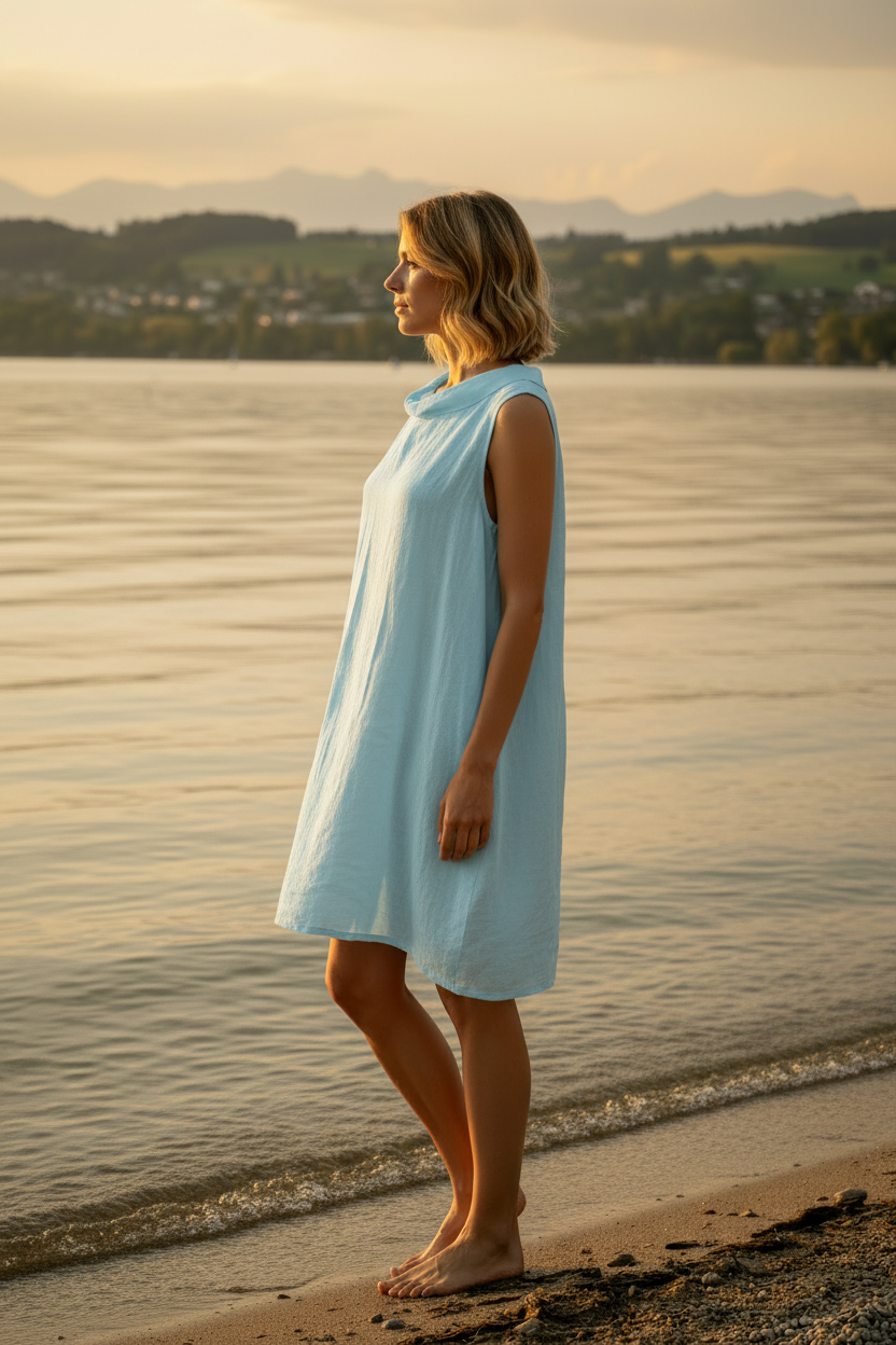 Hellblaues Leinenkleid – Seitenansicht Bodensee