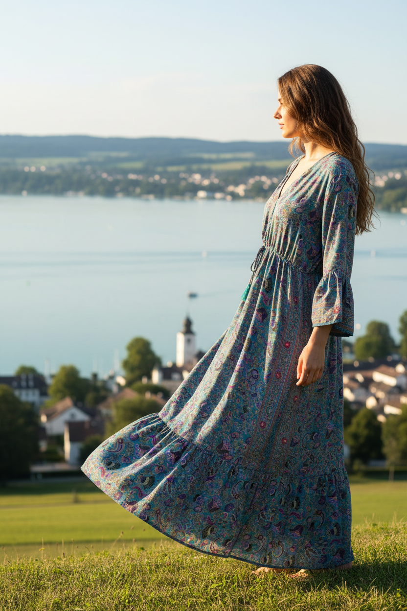 Boho Maxikleid Paisley Ethno Muster Türkis/Lila – Seitenansicht
