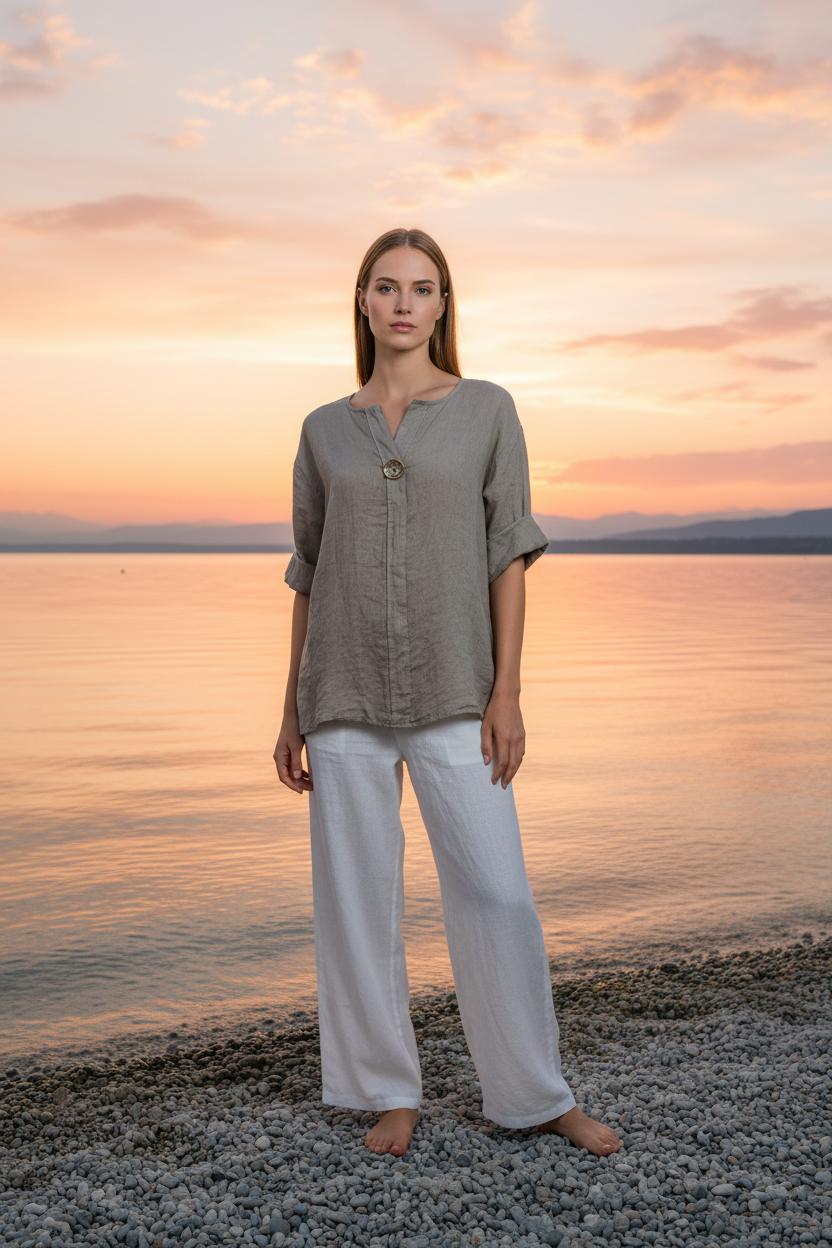 Oversize Leinenbluse Greige Vorderansicht Bodensee