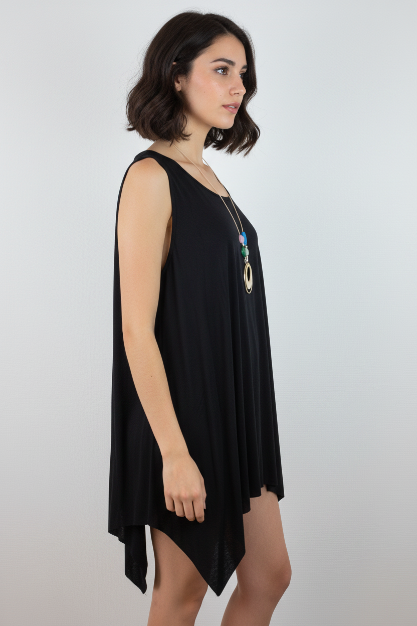 Asymmetrische Tunika Schwarz – Model Seite