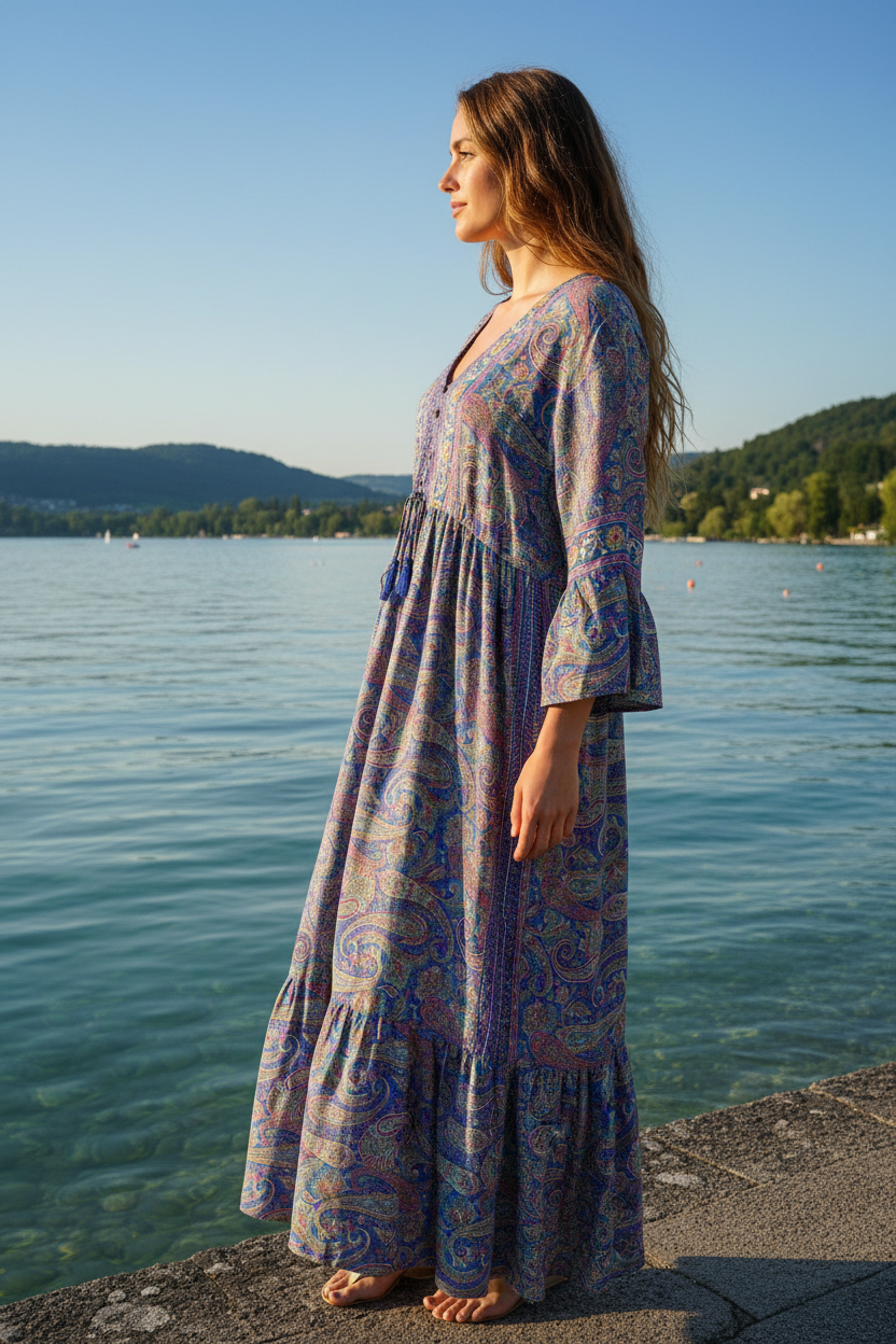 Boho Maxikleid Paisley Ethno Muster Blau/Lila – Seitenansicht
