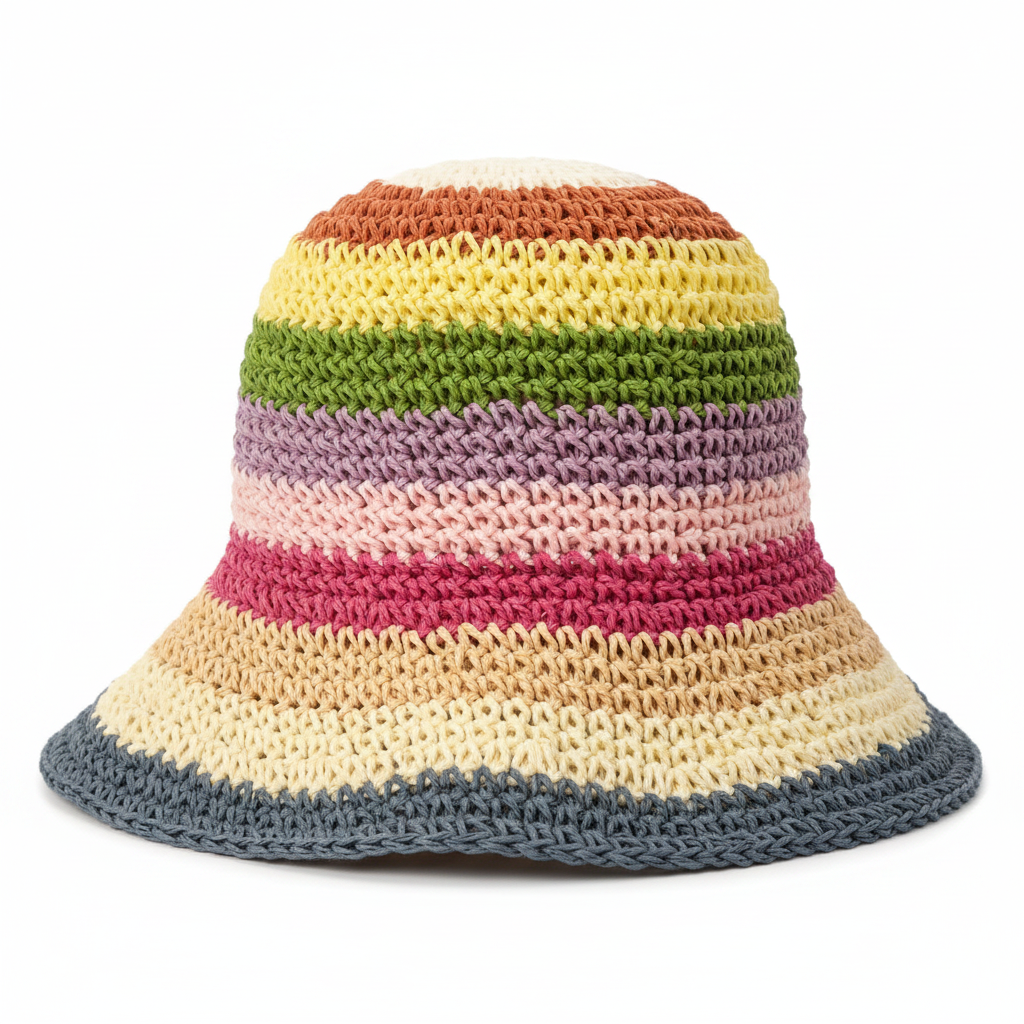 Detailaufnahme Crochet Bucket Hat Pastell Regenbogen