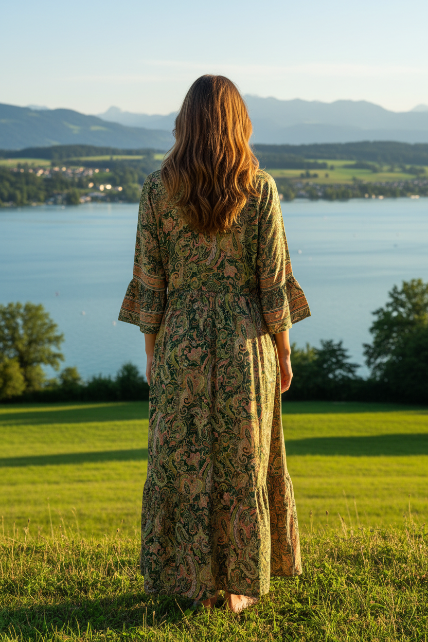Boho Maxikleid Paisley Ethno Muster Grün/Gold – Rückenansicht