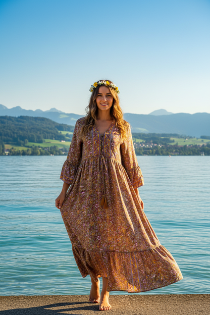 Boho Maxikleid florales Ethno Muster Braun/Lila – Vorderansicht