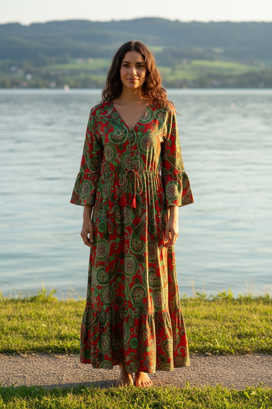 Boho Maxikleid Mandala Paisley Muster Rot/Grün/Olive – Vorderansicht