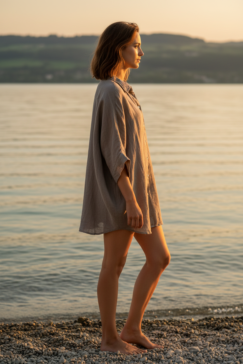 Leinenbluse Greige – Seitenansicht Bodensee