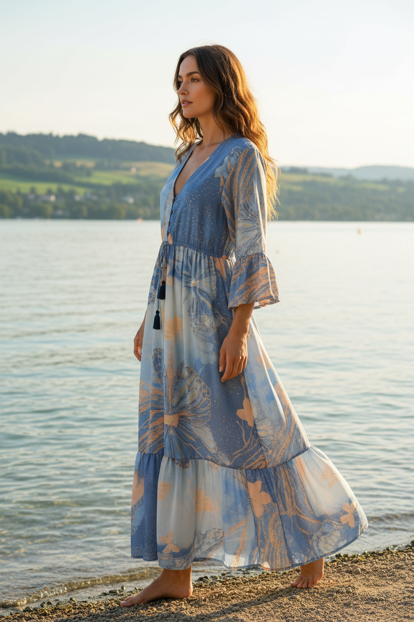 Boho Maxikleid abstraktes Ethno Muster Blau/Peach – Seitenansicht