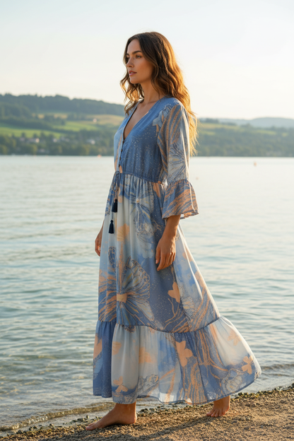 Boho Maxikleid abstraktes Ethno Muster Blau/Peach – Seitenansicht