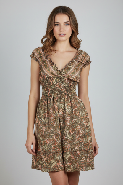 Boho Sommerkleid Paisley Braun/Olive/Rosa – Model Front