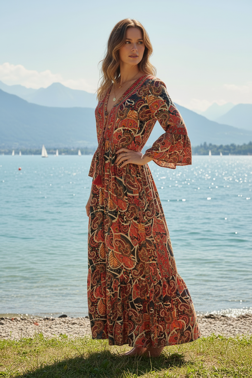 Boho Maxikleid Paisley Muster Rot/Orange/Schwarz – Seitenansicht