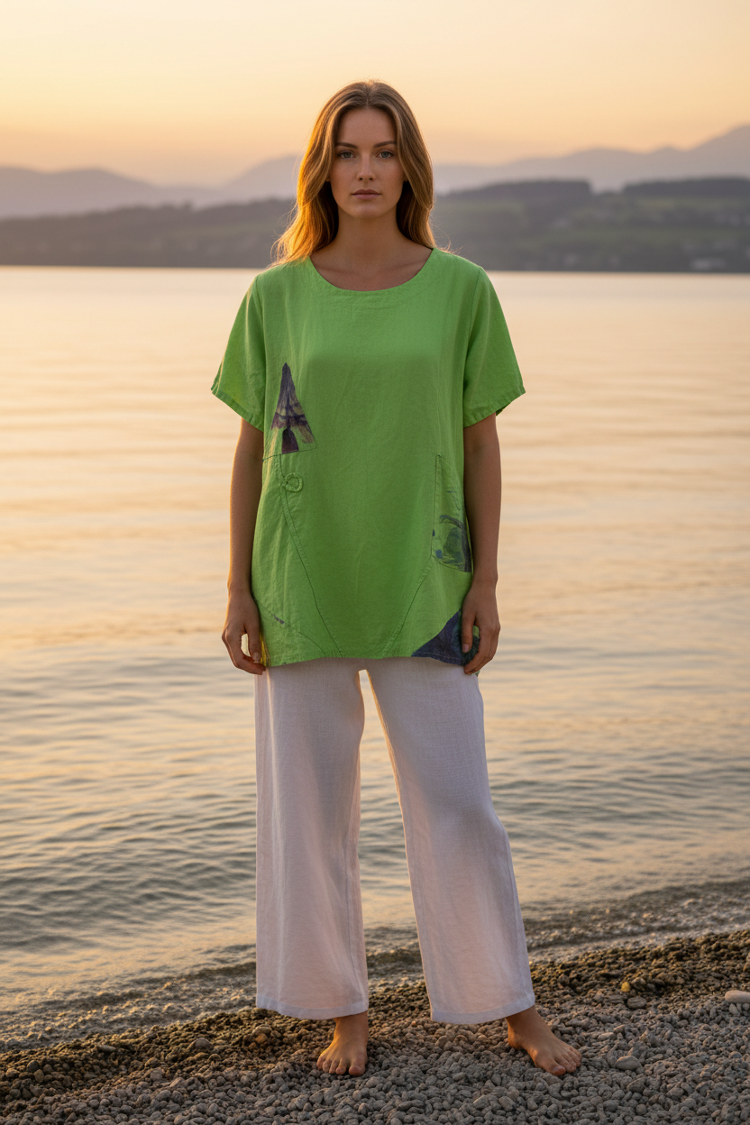 Leinen-Shirt Grün Kunstdruck – Vorderansicht Bodensee